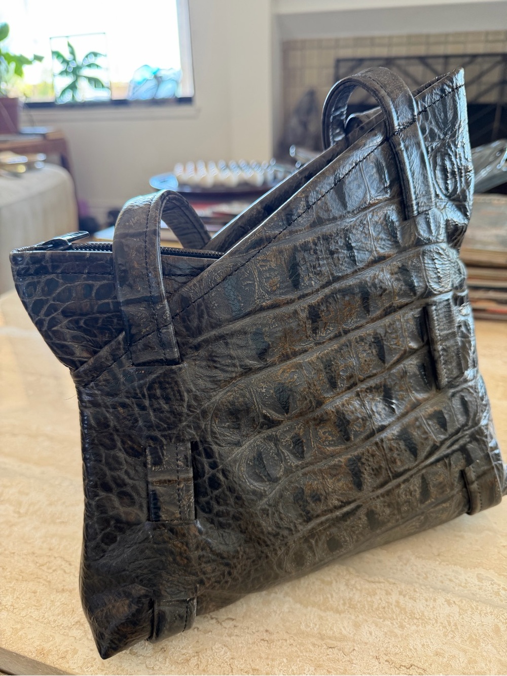Thomas Leathers Asymmetrical Textured Gray Brown Croc-Embossed Shoulder Bag